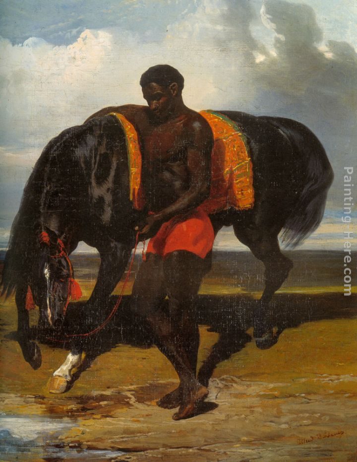 Alfred Dedreux Africain tenant un cheval au bord d'une mer
